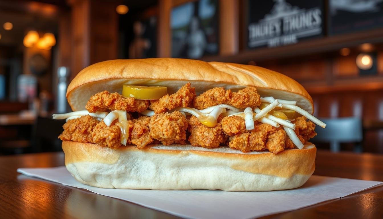 Write a alt text for itA close-up shot of a fully assembled shrimp po' boy sandwich, showcasing its golden-brown, crispy fried shrimp, creamy white sauce, and pickled jalapeño slices, all nestled within a soft, elongated bun on a white napkin