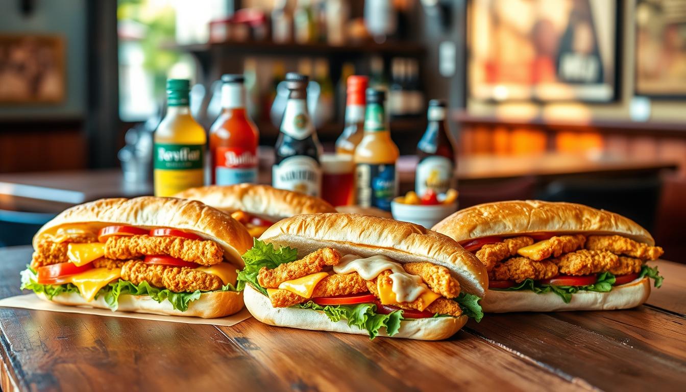 popular pub sub variations.hree shrimp po' boy sandwiches with cheese, tomato, and lettuce on a wooden table in a restaurant. Bottles of drinks are visible in the blurred background.