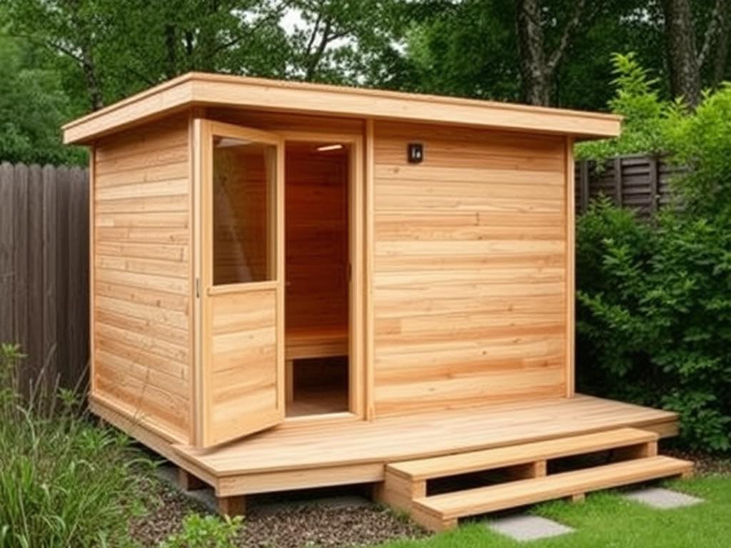 Gartensauna mit Vorraum und Terrasse in natürlicher Umgebung