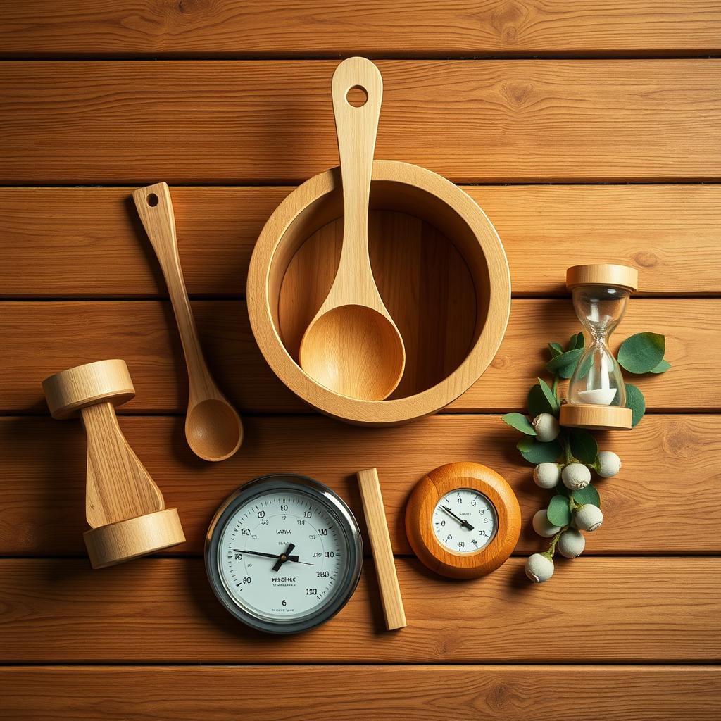 Grundausstattung für die Sauna mit Kübel, Kelle und Thermometer