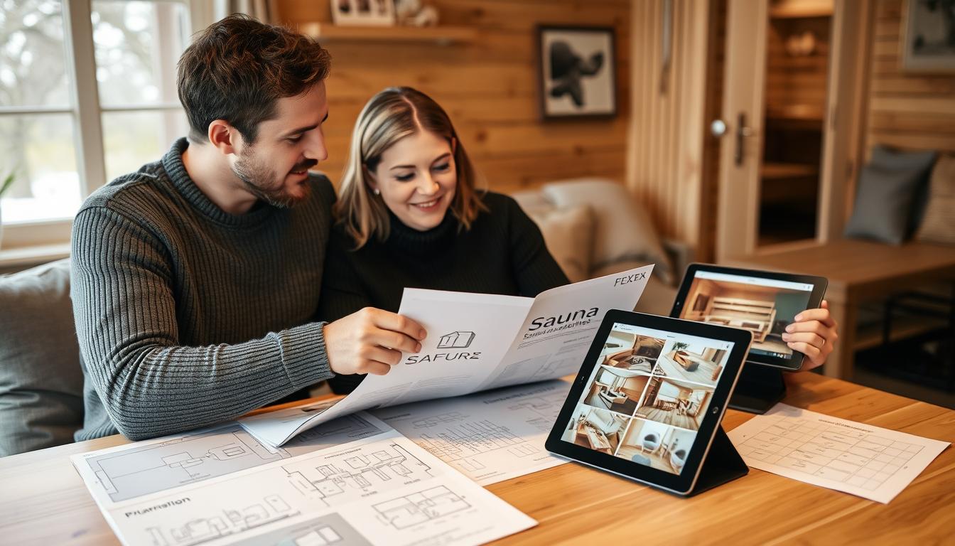 Familie plant den Kauf einer Sauna mit Grundriss und Katalog