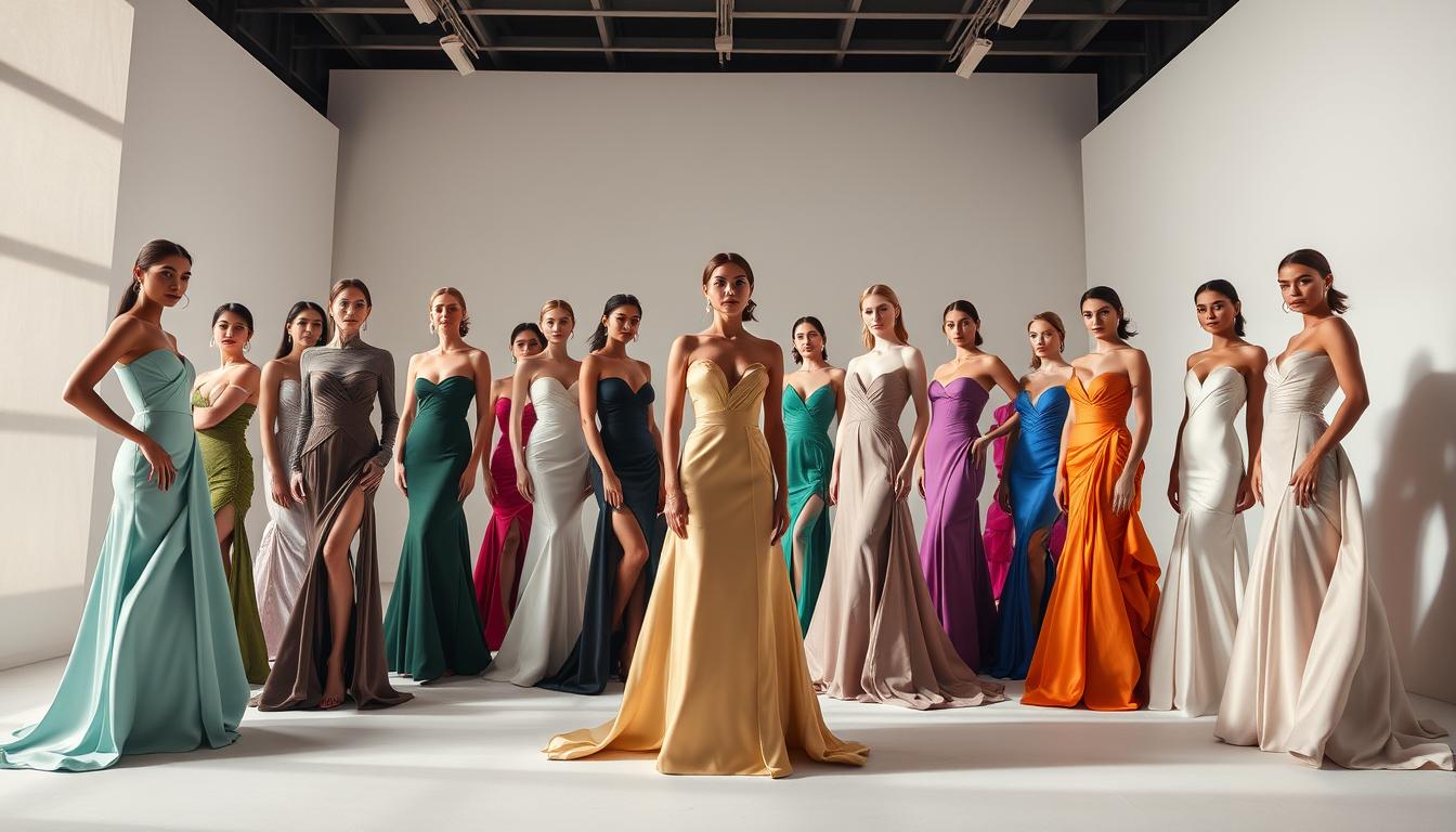 A stunning display of the latest 2023 designer dresses, captured in a high-fashion editorial shoot. In the foreground, a lineup of couture gowns in a range of luxurious fabrics and colors, meticulously tailored to accentuate the female form. In the middle ground, models gracefully pose, their expressions exuding confidence and elegance. The background features a minimalist studio setting, with soft, directional lighting that casts dramatic shadows and highlights the intricate details of the dresses. The overall mood is one of sophistication, exclusivity, and the pinnacle of modern fashion design.