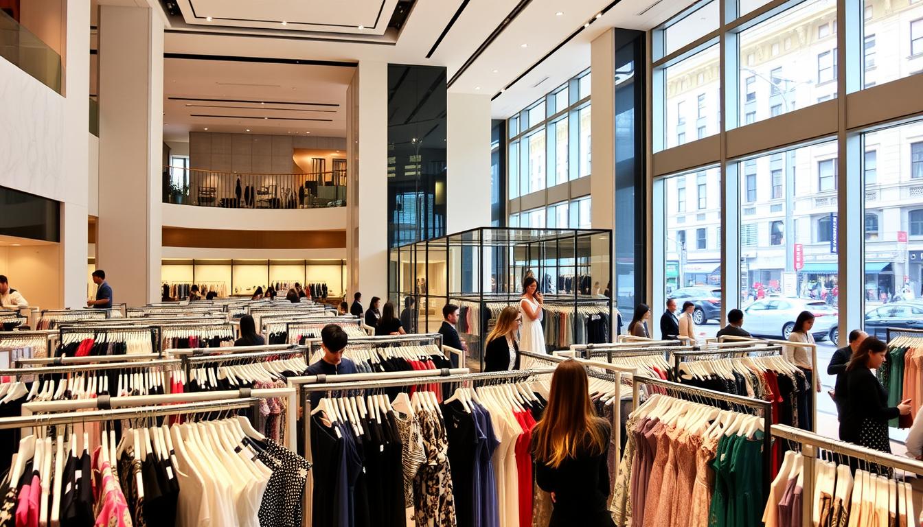 A grand, well-lit department store interior, with high ceilings and elegant decor. In the foreground, rows of designer dresses in a variety of styles and colors, displayed on modern, minimalist racks. Customers browse the selections, examining the fabrics and patterns. In the middle ground, sleek, glass-enclosed fitting rooms, where models try on the dresses. The background features large, picture windows overlooking a bustling city street, letting in natural light. The overall atmosphere is one of luxury, sophistication, and high-end fashion.