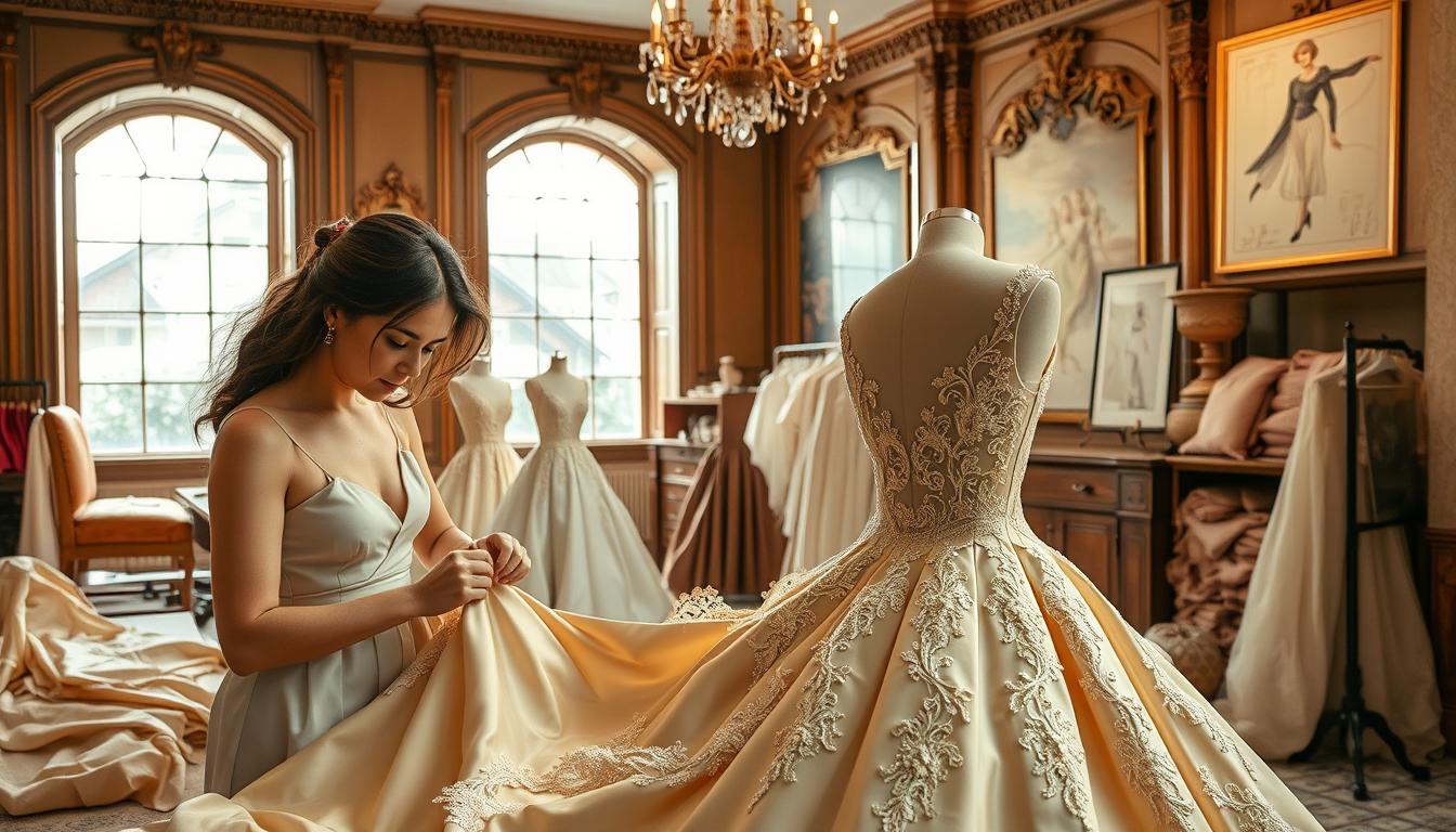 A pristine and luxurious fashion atelier, bathed in soft, warm lighting from large windows. In the foreground, a talented artisan meticulously stitches delicate lace onto a sumptuous silk gown, their skilled hands moving with precision. In the middle ground, bolts of fine fabric in rich hues and textures are neatly arranged, hinting at the boundless creative potential. The background reveals elegant, wood-paneled walls adorned with sketches and swatches, conveying the heritage and craftsmanship central to this exclusive world of luxury fashion.