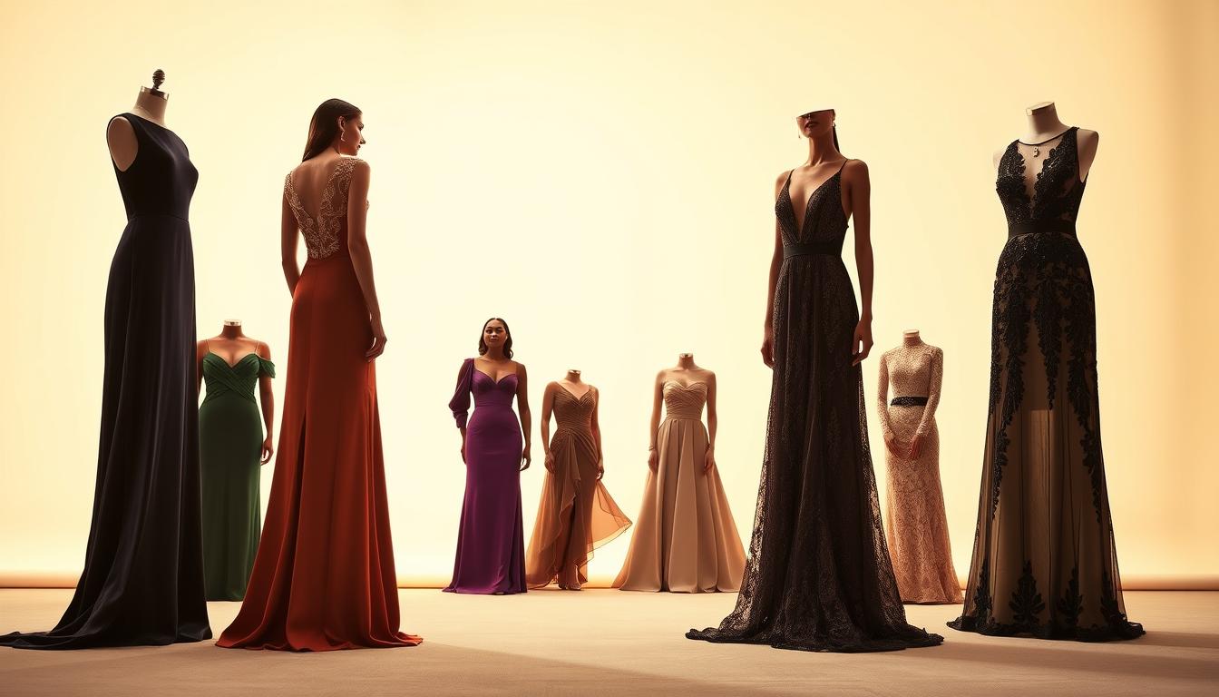 A luxurious collection of designer dresses against a softly-lit backdrop, showcasing the elegant silhouettes, intricate embellishments, and rich fabrics that define high-fashion occasionwear. In the foreground, a series of floor-length gowns in jewel-toned velvets, shimmering sequins, and delicate laces, each with a unique and sophisticated design. In the middle ground, a selection of chic cocktail dresses in structured satin and flowing chiffon, perfect for a night out. The background features a simple, minimalist setting, allowing the dresses to take center stage and exude an aura of refined sophistication and timeless style.