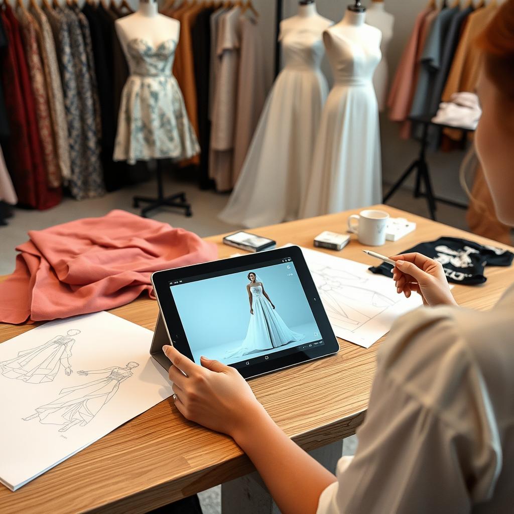 Wedding dress designer using AI video for prototype visualization