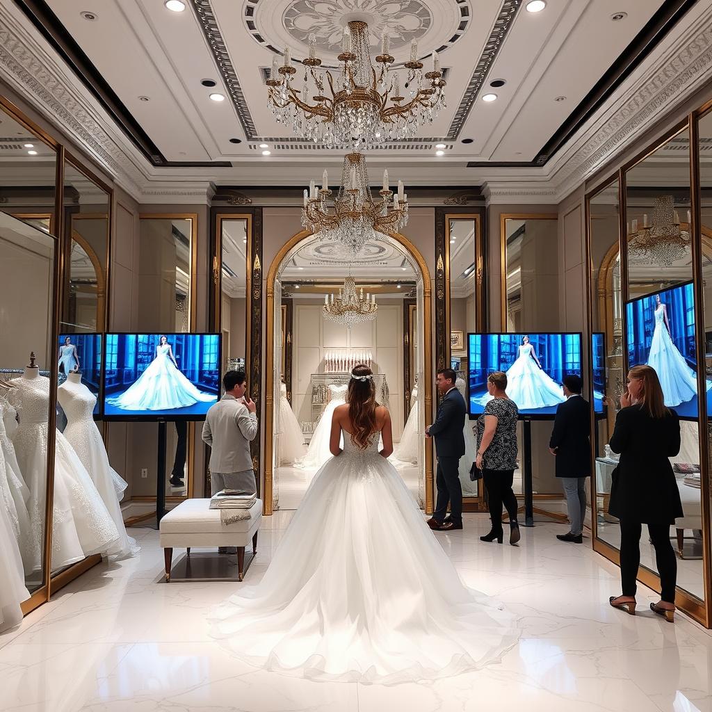 Bridal boutique using AI wedding dress videos in their showroom