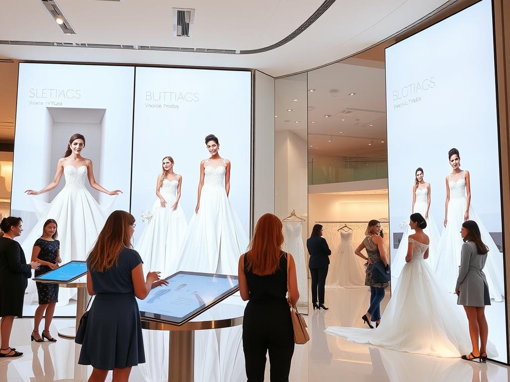Bridal shop using wedding dress model generator on digital displays