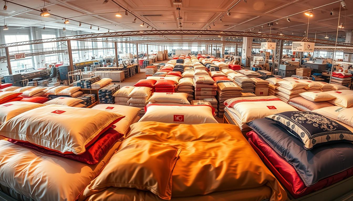 A panoramic view of a bustling silk bedding industry, captured with a wide-angle lens. In the foreground, an array of silk sheets, duvets, and pillows in a kaleidoscope of colors and patterns, illuminated by warm, diffused lighting. The middle ground features various brand logos and packaging, showcasing the competitive nature of the market. In the background, a backdrop of modern manufacturing facilities, research labs, and distribution centers, all working together to meet the growing global demand for luxurious silk bedding products. The scene conveys a sense of dynamism, innovation, and a fierce battle for market share within this thriving textile industry.