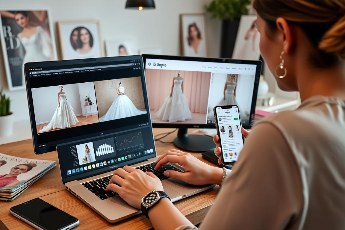 Fashion influencer creating AI wedding dress content for social media
