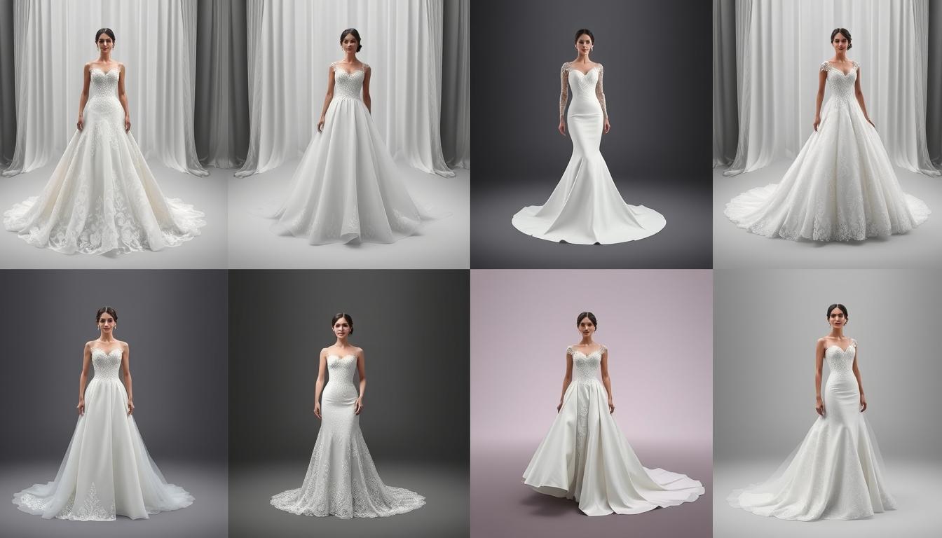 Multiple AI-generated wedding dress videos showing different styles and movements