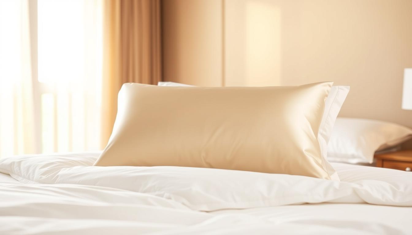 A perfectly fitted silk pillowcase on a bed, showcasing its smooth and luxurious texture.