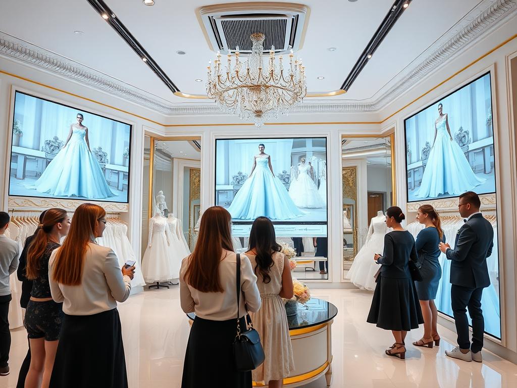 Bridal shop using AI wedding dress videos on digital displays