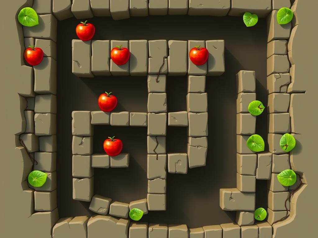 Complex Apple Worm level with multiple obstacles and apples