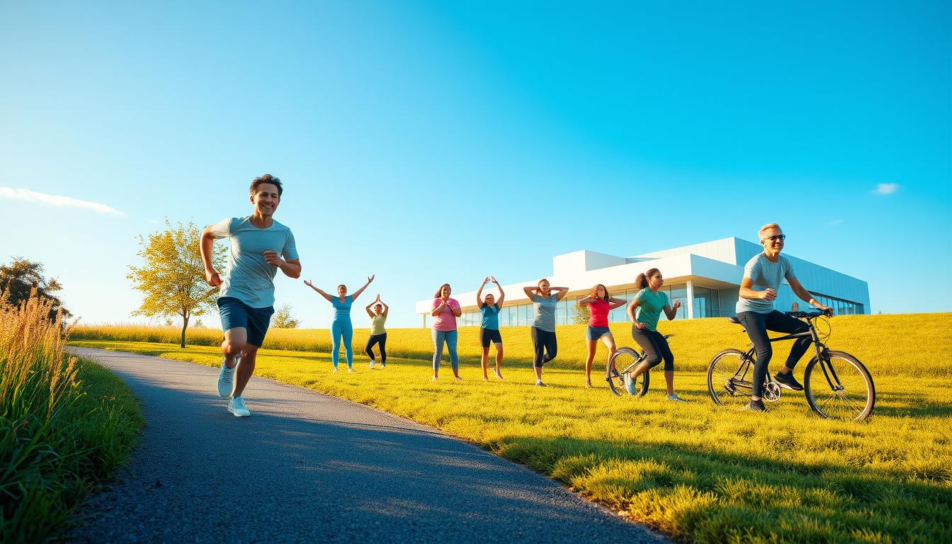 A vibrant scene showcasing the impact of physical activity on health. A person in the foreground is jogging on a winding path, surrounded by lush greenery and a clear sky. In the middle ground, a group of people engage in various exercises like yoga, weightlifting, and cycling, all exuding a sense of vitality and well-being. In the background, a medical facility symbolizes the connection between physical fitness and overall health. The lighting is warm and natural, casting a golden glow over the entire scene. The composition is balanced, drawing the viewer's eye towards the active individuals and the underlying message of the importance of physical activity for a healthy lifestyle.