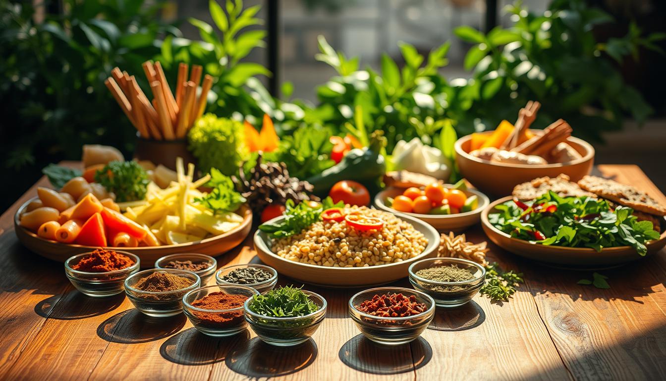 A mouth-watering arrangement of healthy, colorful dishes on a wooden table, illuminated by warm, natural lighting. In the foreground, a variety of aromatic spices and herbs in small bowls, casting long shadows across the scene. The middle ground features a variety of fresh vegetables, grains, and lean proteins, expertly prepared and arranged to showcase their vibrant hues and textures. In the background, a backdrop of lush, verdant foliage adds a sense of balance and tranquility to the composition. The overall atmosphere evokes a feeling of nourishment, wellness, and culinary artistry.