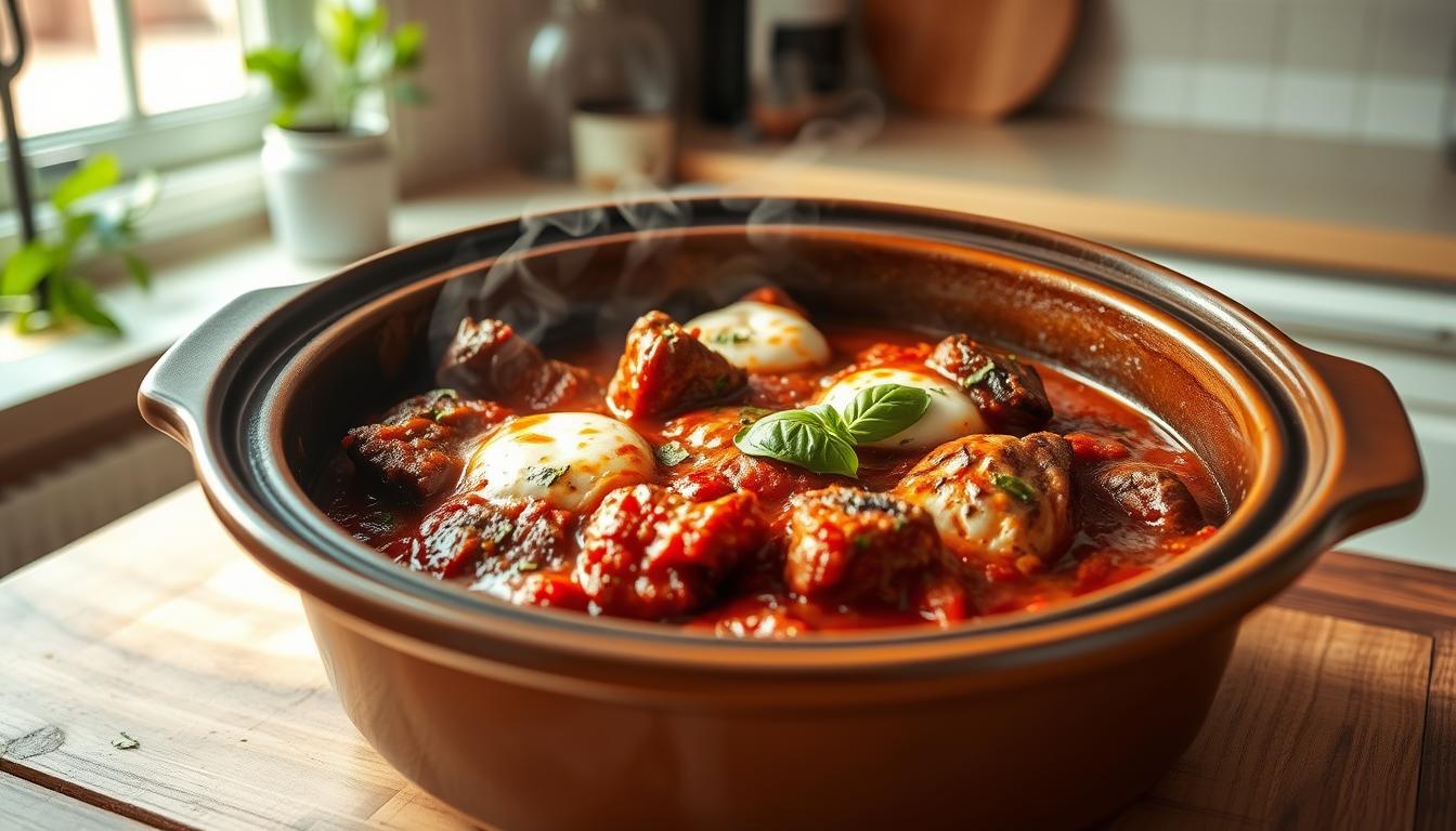 A savory steak pizzaiola simmering in a slow cooker, the rich tomato-based sauce infused with garlic, oregano, and red wine. Tender chunks of beef nestled between melted mozzarella and slivers of fresh basil. Wisps of steam rise from the ceramic crock, the cozy kitchen filled with the aroma of slow-cooked Italian comfort. Natural lighting casts a warm glow, highlighting the glossy sauce and the perfect char on the meat. A rustic wooden table in the foreground, a neutral-toned backsplash in the middle ground, and a blurred out backdrop of a simple kitchen interior. Inviting, homey, and oh-so-tempting.