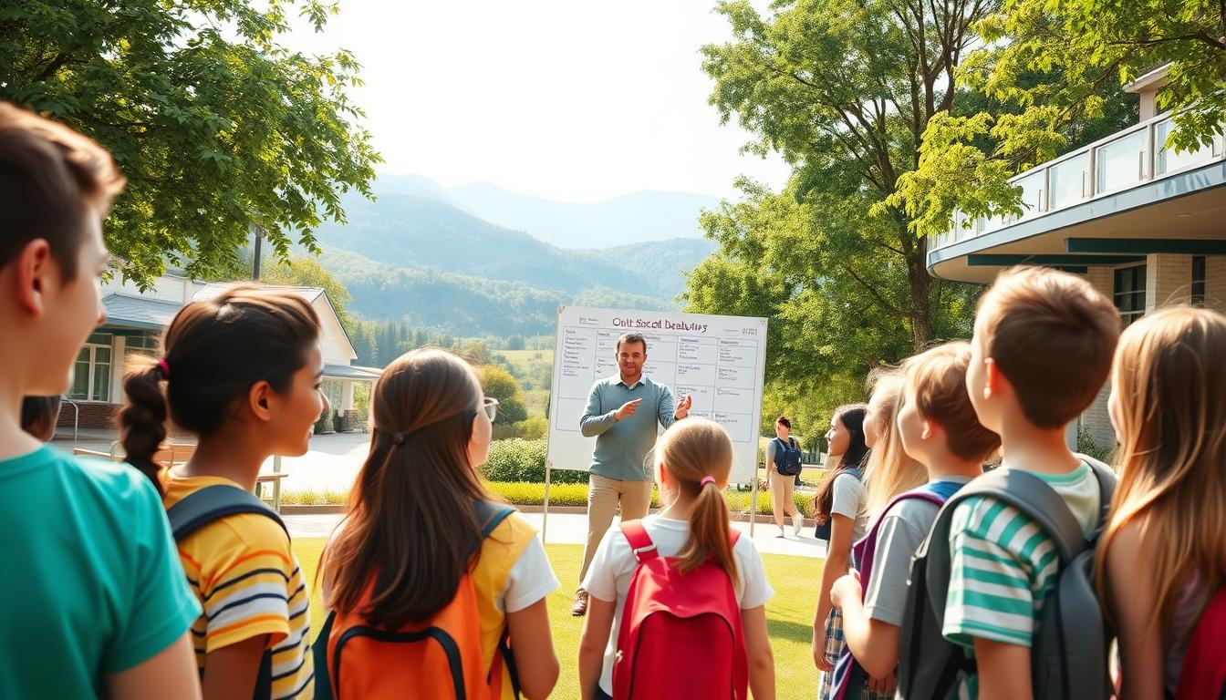 A picturesque school campus with lush greenery and a tranquil atmosphere. In the foreground, a group of students excitedly discussing their upcoming school break plans, their faces filled with anticipation. In the middle ground, a teacher stands, offering guidance and suggestions, gesturing towards a detailed itinerary on a whiteboard. The background showcases scenic landscapes, hinting at the diverse destinations within reach for the students' adventures. Warm, natural lighting creates a sense of optimism, while the composition emphasizes the importance of pre-planning for a rewarding and memorable school break.