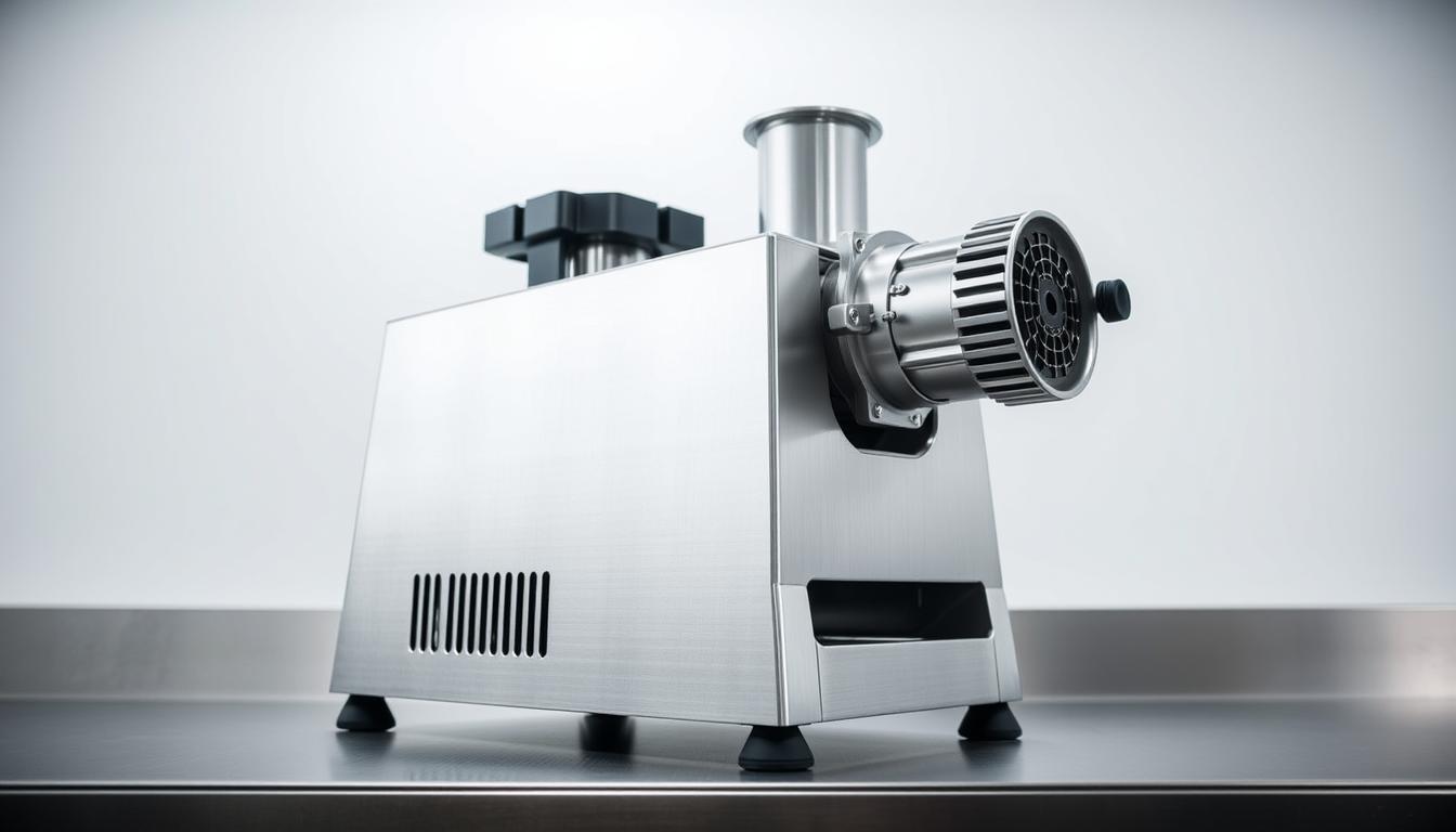 A heavy-duty, commercial-grade vegetable dicer, standing on a sleek stainless steel countertop under bright, evenly diffused lighting. The dicer's robust, angular chassis is made of durable, brushed metal, with a large feed chute and sharp, precisely-engineered blades visible. The machine's powerful motor hums softly, ready to effortlessly slice and dice a variety of fresh produce. The scene conveys a sense of efficiency and reliability, ideal for a professional kitchen or food processing facility.