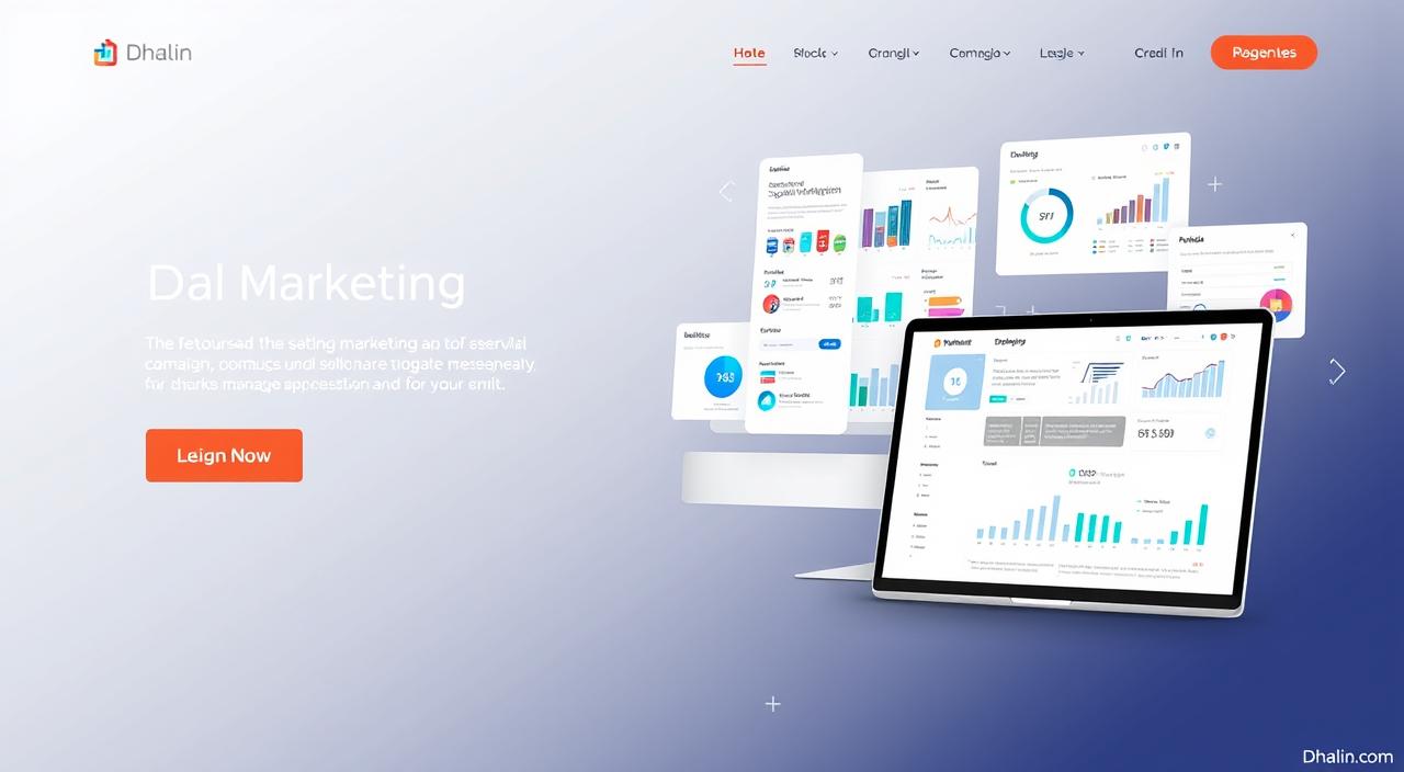 A high-quality, professional-looking image of email marketing platforms, featuring a sleek and modern design with a focus on the key features and benefits of the Dhalin.com platform. The image should have a clean, minimalist aesthetic, with a balance of text and visual elements to showcase the platform's capabilities. The foreground should highlight the Dhalin.com brand name and logo, along with a clear, eye-catching visual representation of email marketing functionality, such as email templates, analytics dashboards, or campaign management tools. The middle ground should showcase various email marketing metrics, such as open rates, click-through rates, and conversion data, presented in a visually appealing and informative manner. The background should create a sense of a professional, technology-driven environment, with subtle gradient effects or abstract shapes that complement the overall design.