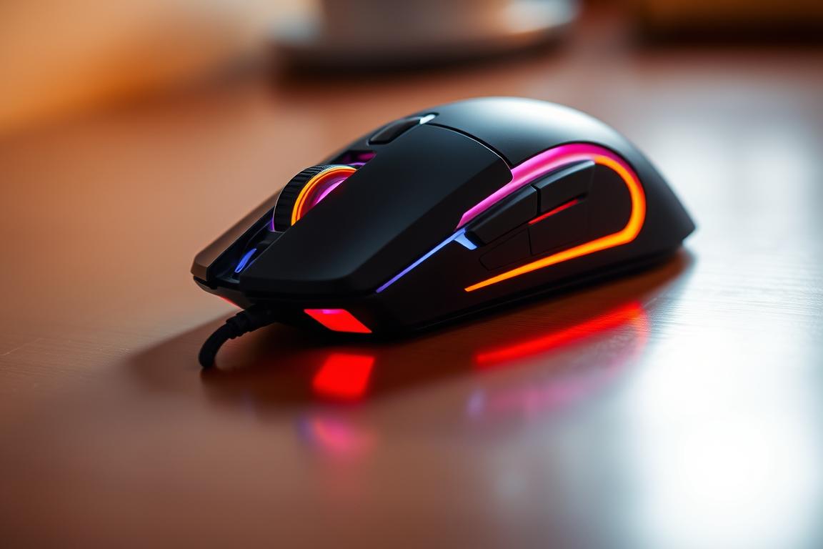 A high-speed gaming mouse with a sleek, minimalist design, poised atop a smooth, reflective surface. The mouse glides effortlessly, its buttons illuminated with a vibrant, responsive glow. The background blurs softly, emphasizing the mouse's precise movements and lightning-fast responsiveness, essential for any serious FPS gamer. Warm, directional lighting casts subtle shadows, highlighting the mouse's contours and creating a sense of depth and dimension. The overall composition conveys a sense of speed, power, and fluid control, perfectly capturing the essence of the "الأفضل لـ FPS: السرعة قبل كل شيء" section.