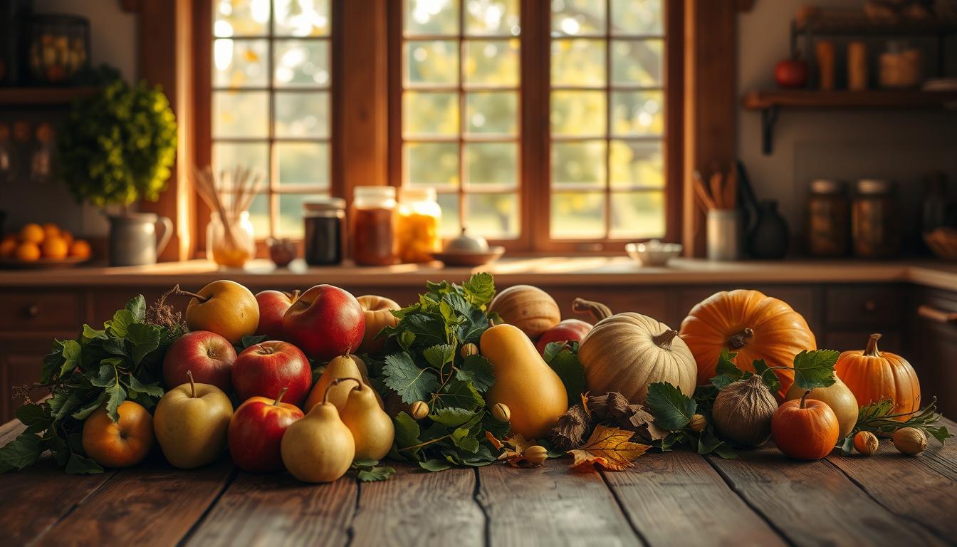 A serene autumn scene with a wooden table in the foreground, adorned with a bountiful harvest of seasonal produce - fresh apples, pears, squash, and leafy greens. In the middle ground, a rustic kitchen counter showcases jars of preserved fruits and vegetables, while a large window in the background reveals a cozy, sun-dappled orchard. The warm, golden lighting creates a sense of coziness and contentment, evoking the essence of nourishing, seasonal eating. A soft, ethereal haze adds to the tranquil atmosphere, inviting the viewer to savor the simple pleasures of nature's seasonal bounty.