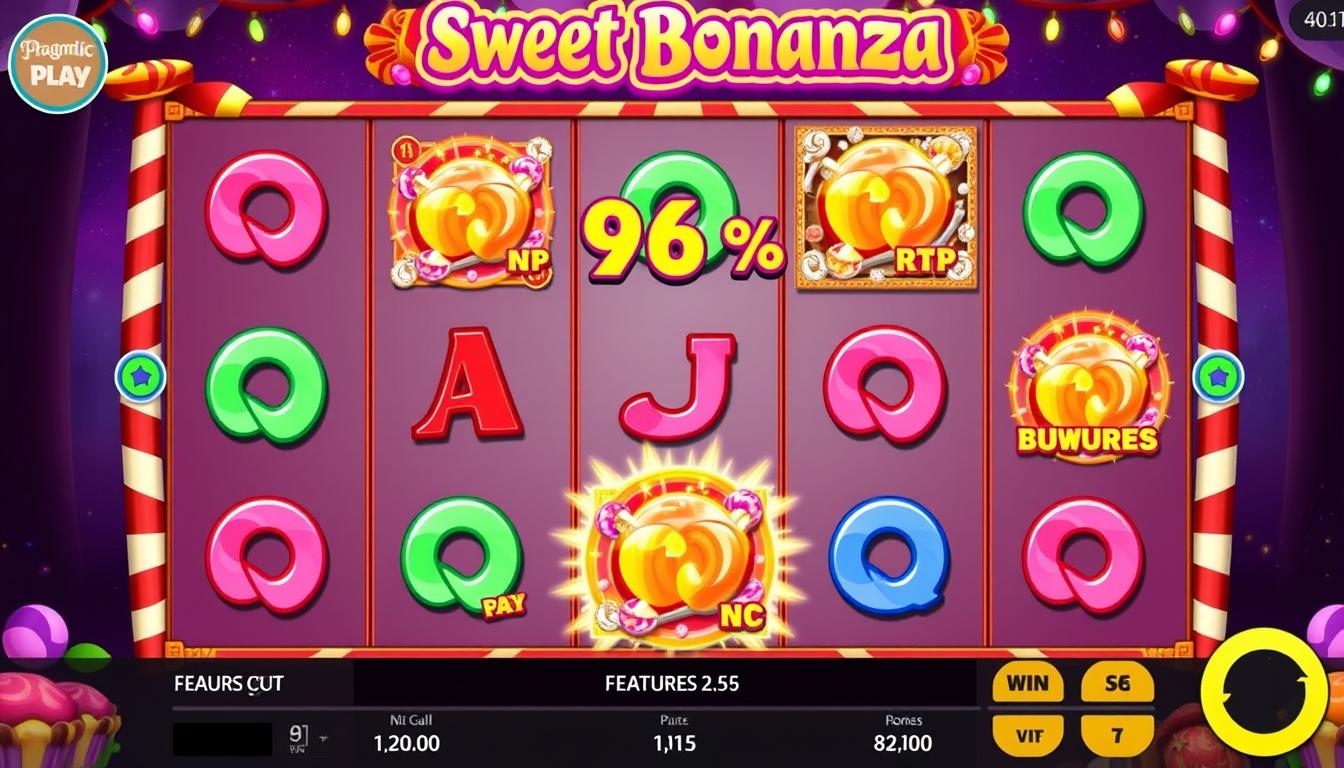 Screenshot game Sweet Bonanza dari Pragmatic Play dengan indikator RTP 96.5%