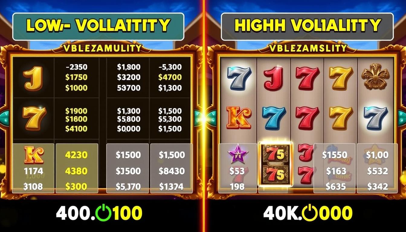 Perbandingan visual antara slot volatilitas rendah dan tinggi dengan pola pembayaran