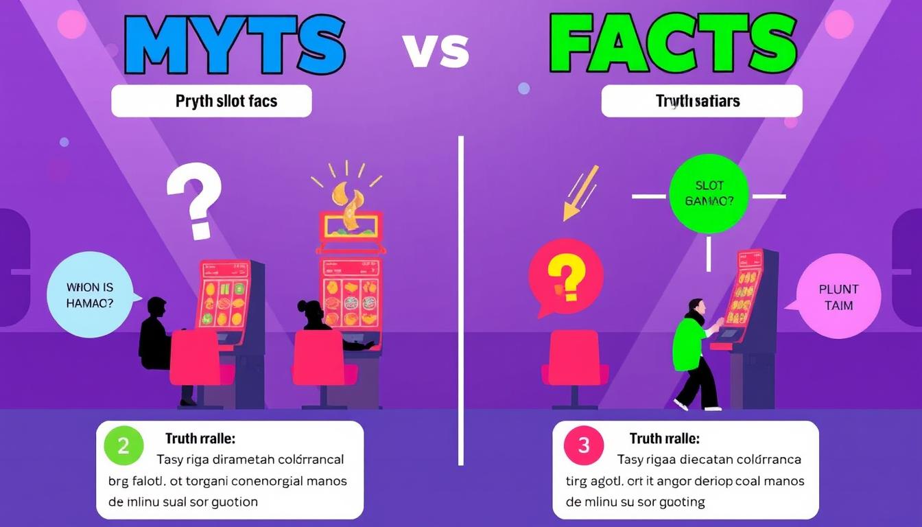 Ilustrasi mitos vs fakta tentang slot gacor dengan simbol tanya jawab