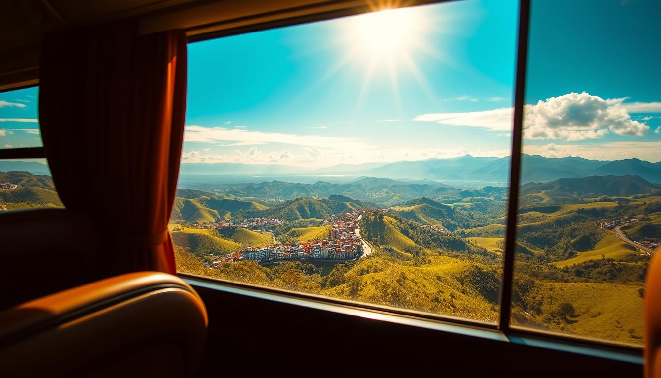 A panoramic landscape of vibrant Brazilian scenery, captured through the window of a Tripcraft bus as it winds its way through the diverse terrain. In the foreground, the interior of the bus is visible, with plush leather seats and a sense of comfortable travel. The middle ground showcases the lush, verdant rolling hills and winding roads, dotted with the occasional cluster of colorful buildings. In the background, the horizon is filled with majestic mountains and a brilliant azure sky, accentuated by warm, golden lighting that casts a dreamlike glow over the entire scene. The overall atmosphere evokes a sense of adventure, exploration, and the joy of discovering Brazil's breathtaking landscapes from the comfort of a reliable Tripcraft bus.