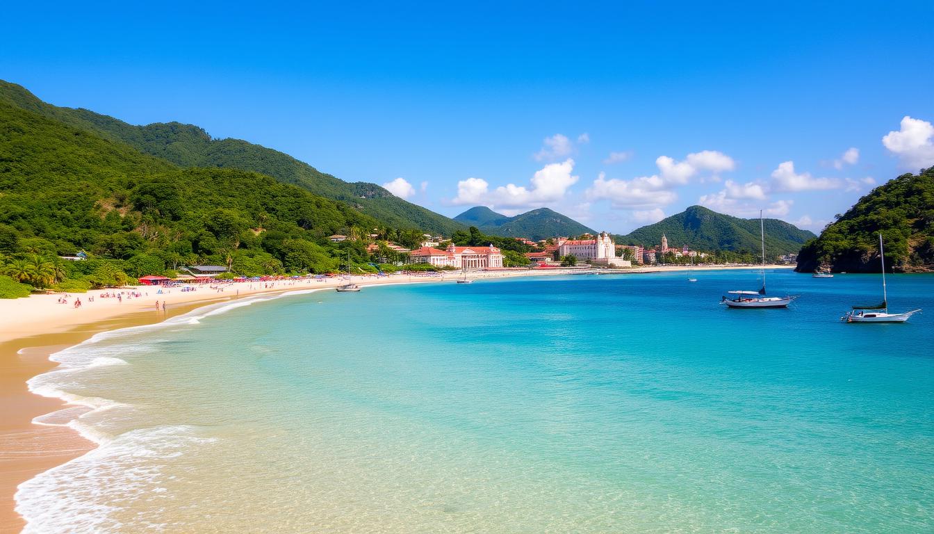 Praias de Paraty: A Breathtaking Coastal Escape in Rio de Janeiro Tripcraft An expansive coastline of pristine, golden sand beaches nestled between lush, verdant hills. Crystal-clear, turquoise waters lap gently against the shore, inviting visitors to bask in the warm, tropical sun. Picturesque fishing boats dot the horizon, their colorful sails catching the light. The historic town of Paraty sits in the distance, its colonial architecture and cobblestone streets evoking a bygone era. Capture the natural beauty and timeless charm of this stunning Brazilian destination.
