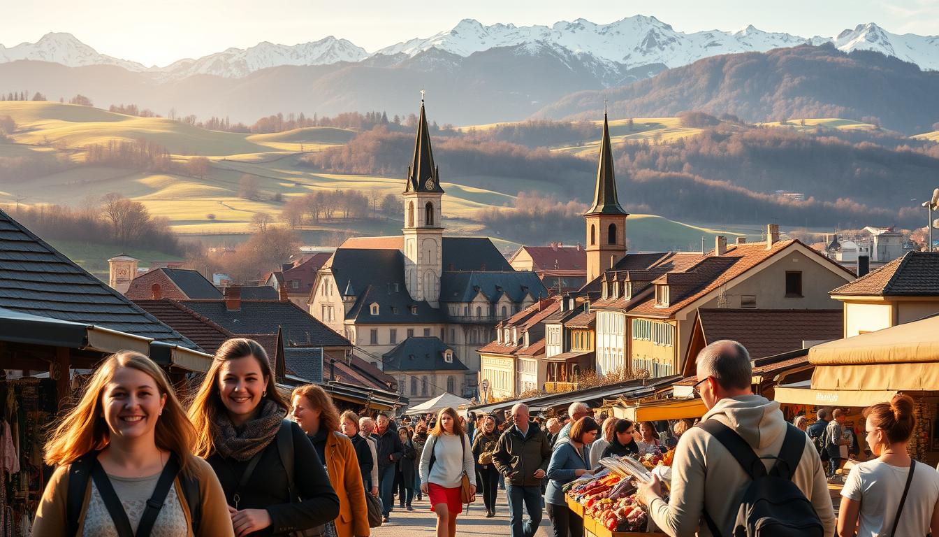 A scenic vista of rolling hills and quaint European towns, bathed in warm, golden sunlight. In the foreground, a group of smiling travelers explore a bustling street market, browsing stalls overflowing with local delicacies and handcrafted goods. In the middle ground, historic church spires and colorful buildings create a charming, picturesque backdrop. In the distance, snow-capped mountain peaks rise majestically, framing the entire scene. The overall atmosphere is one of adventure, discovery, and budget-friendly exploration, capturing the essence of an affordable yet unforgettable European tour.
