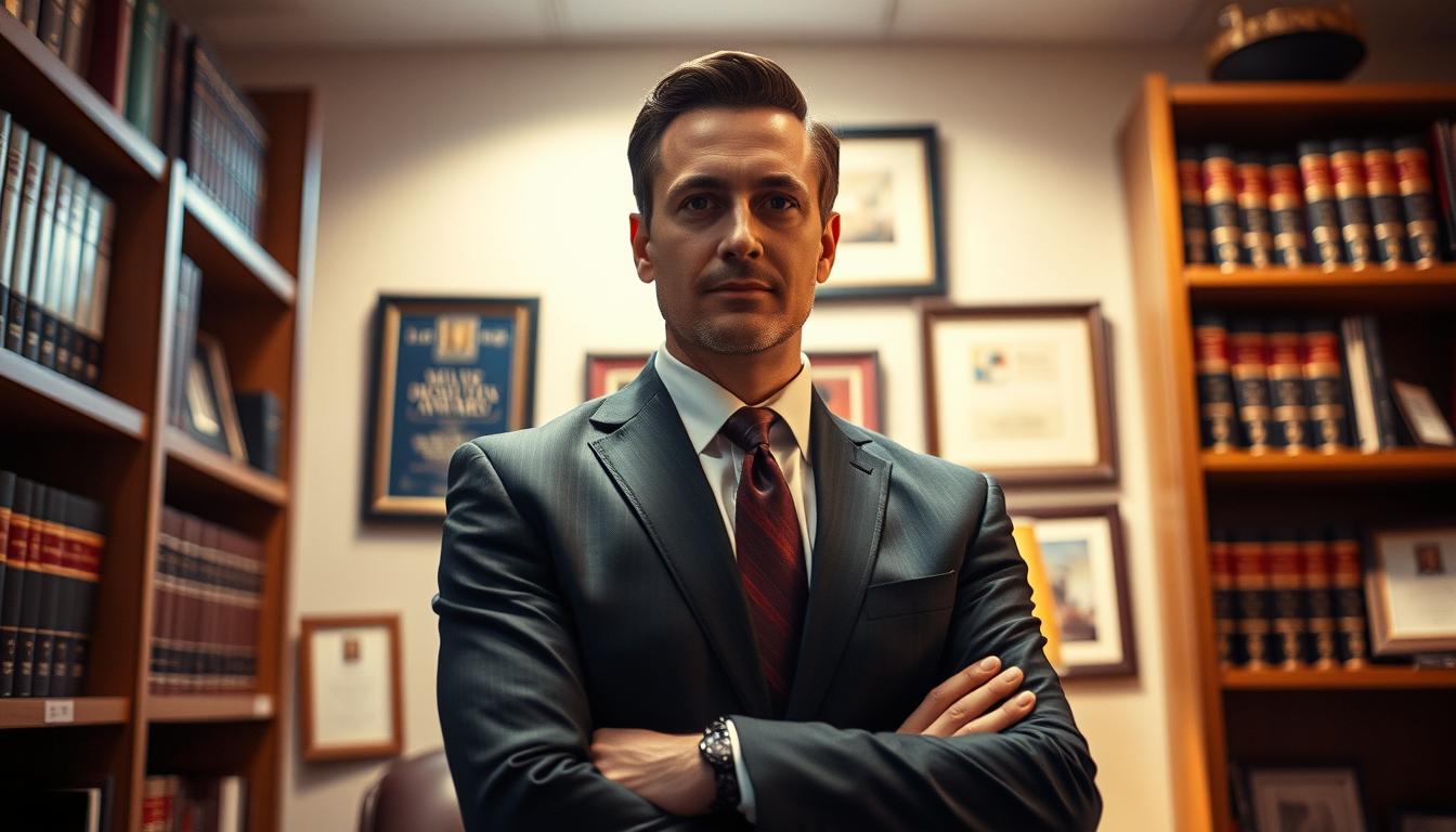 A professional, experienced truck accident lawyer standing confidently in their San Antonio office, surrounded by shelves of legal documents and awards. They're dressed in a sharp, tailored suit, with an air of authority and expertise. The lighting is warm and directional, casting dramatic shadows and highlighting the lawyer's focused gaze. The camera angle is slightly low, emphasizing the lawyer's commanding presence. The overall mood is one of trust, competence, and the ability to navigate the complexities of a truck accident case.