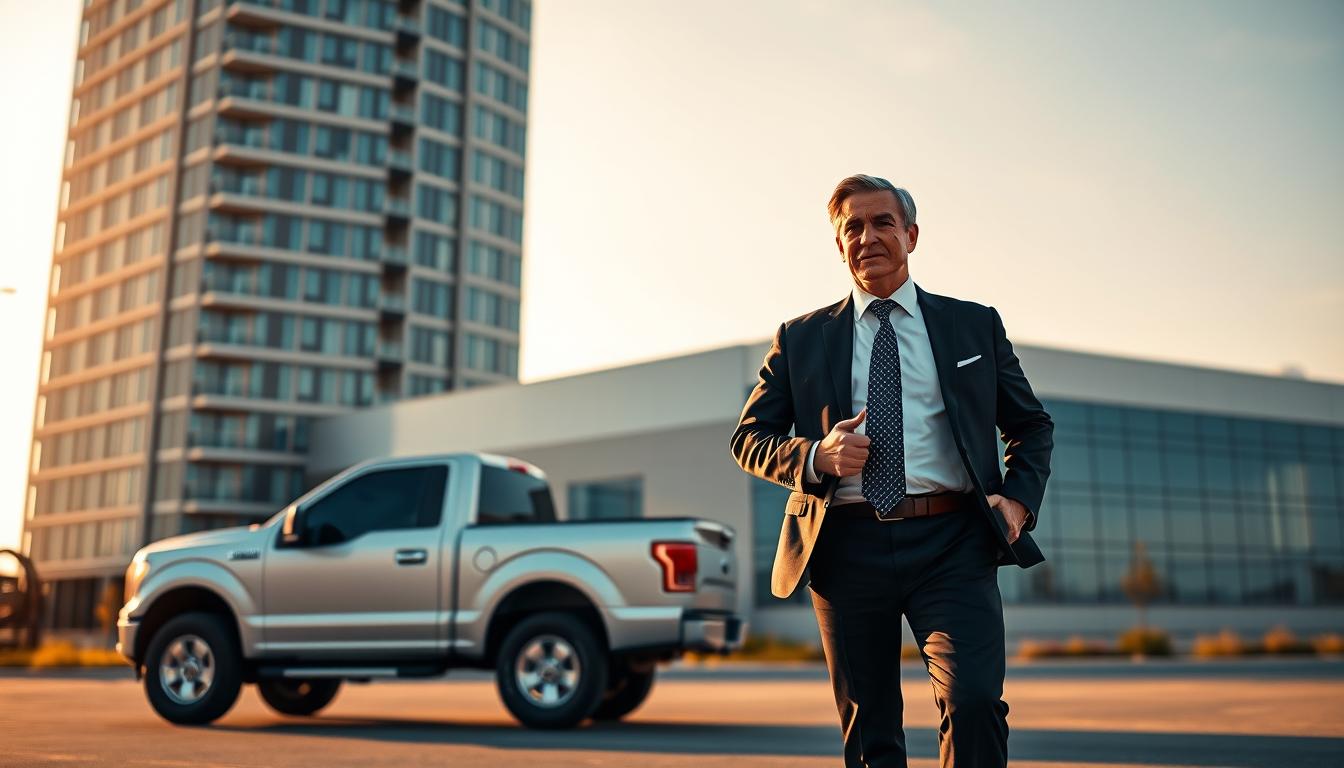 A high-rise office building with a modern, sleek facade stands in the background, representing a prestigious law firm. In the foreground, a silver pickup truck is partially visible, symbolizing the focus on truck accident cases. In the middle ground, a confident, well-dressed attorney strides purposefully, exuding professionalism and expertise. The scene is bathed in warm, golden lighting, conveying a sense of trustworthiness and success. The overall composition suggests the strength, experience, and dedication of the top-rated truck accident lawyer in San Antonio.