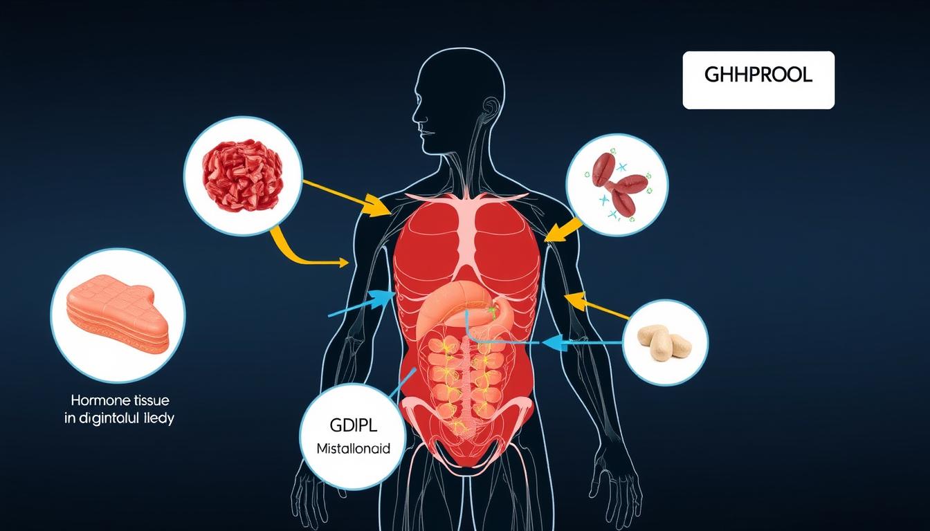 Ilustração científica mostrando como ghdrol funciona no organismo