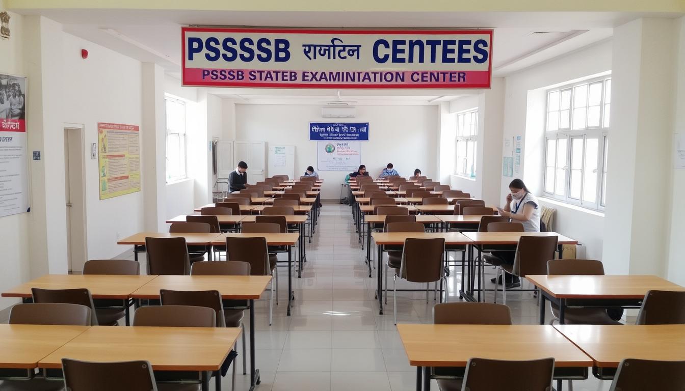 A modern, well-equipped PSSSB examination center situated in a spacious, well-lit building. The entrance features a prominent sign indicating the center's name and purpose. Inside, rows of sturdy desks and chairs are arranged in an organized fashion, ready to accommodate the examinees. The walls are adorned with informative posters and instructions, guiding the candidates through the process. Natural light floods the room through large windows, creating a warm and inviting atmosphere. The center is staffed by attentive invigilators, ensuring a smooth and secure examination experience for all.