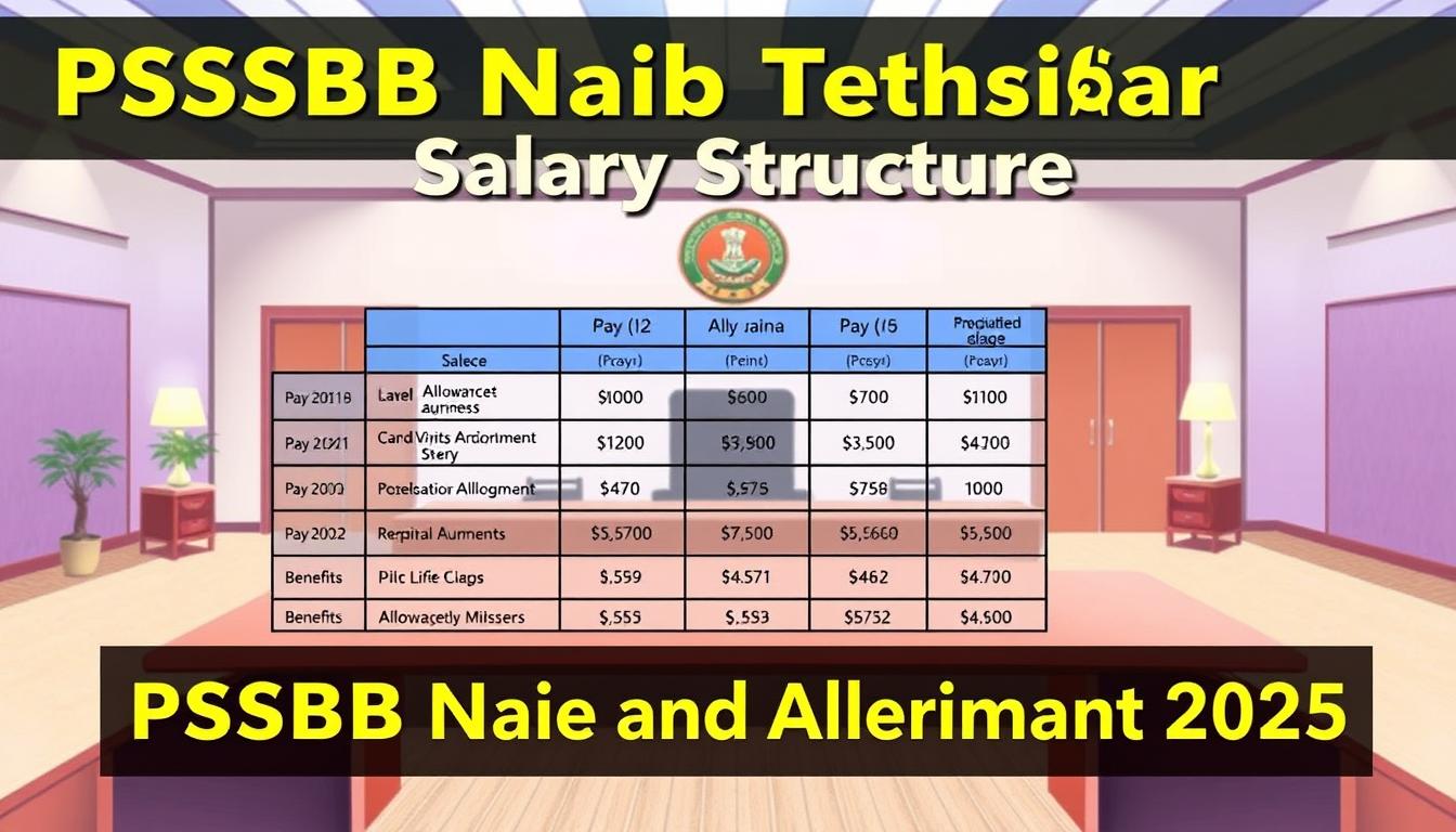A vibrant and detailed illustration of the "PSSSB Naib Tehsildar Salary Structure" in a professional and formal setting. The foreground showcases a neatly organized table displaying the pay scale, allowances, and benefits for the PSSSB Naib Tehsildar position. The middle ground features a government office interior with clean lines, tasteful decor, and subtle lighting, conveying a sense of authority and credibility. The background blends a subtle pattern or texture that adds depth and visual interest without distracting from the primary focus. The overall composition strikes a balance between informative clarity and aesthetic appeal, reflecting the significance of the "Salary and Allowances" section in the PSSSB Naib Tehsildar Recruitment 2025 article.