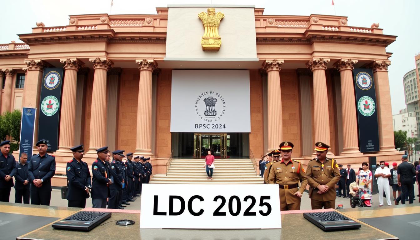 A panoramic view of an official government recruitment announcement for the BPSC LDC 2025 examination, presented against a backdrop of a grand government building with ornate architecture, majestic columns, and a prominent national emblem. The foreground showcases the key details of the recruitment drive, including the examination title, year, and relevant government seals and insignia, all rendered in a bold, authoritative font. The middle ground features uniformed officials overseeing the application process, while the background depicts a bustling urban cityscape, conveying a sense of civic pride and administrative rigor. The overall composition exudes an air of formal professionalism and institutional credibility, befitting the importance of this prestigious government recruitment drive.