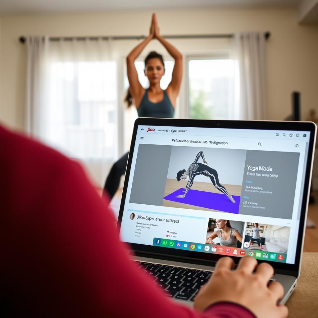 Person practicing yoga with JioSphere Browser Yoga Mode providing feedback