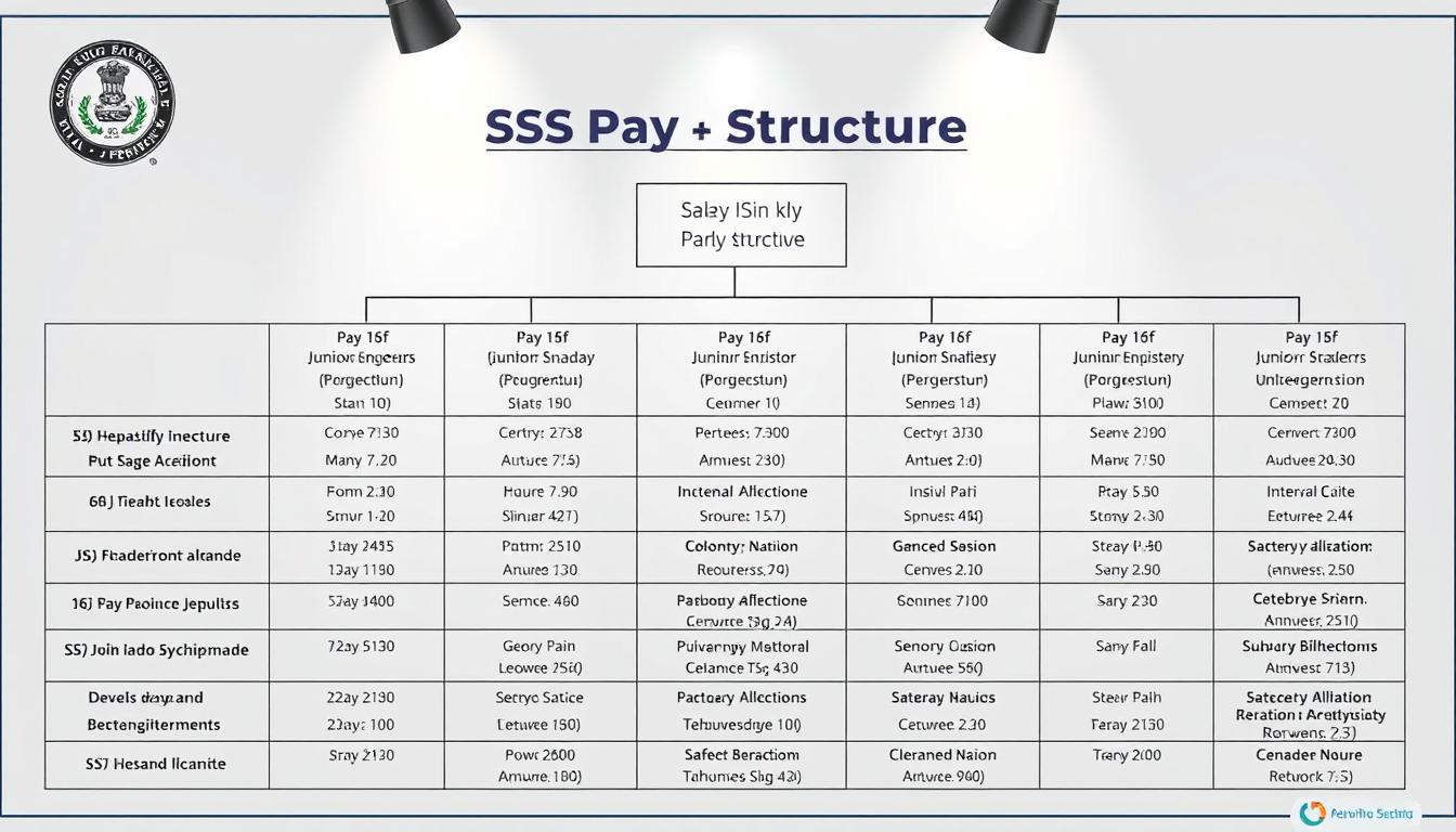 A detailed illustration of the pay structure for SSC Junior Engineer (JE) positions, showcasing the various components and scales of their remuneration. The image should feature a clean, minimalist design with a neutral color palette, allowing the key information to be presented in a clear and organized manner. The layout should emphasize the hierarchical nature of the pay structure, with different sections or columns for the various pay grades, allowances, and benefits. Technical details such as lighting should create a professional, authoritative atmosphere, while the overall mood should convey a sense of clarity and transparency regarding the JE salary details.