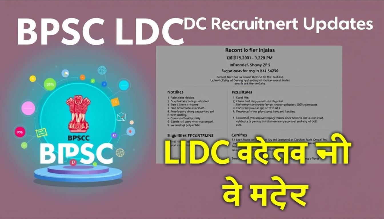 A vibrant digital illustration showcasing the latest BPSC LDC recruitment updates. In the foreground, a stylized graphic representation of the BPSC logo stands prominently, surrounded by dynamic swirls of colorful data visualizations. The middle ground features a clean, modern layout with key information about the recruitment process, deadlines, and eligibility criteria, presented in a clear, easy-to-digest manner. The background is a minimalist, gradient-based design that provides a sense of depth and emphasizes the informative nature of the content. The overall aesthetic is professional, yet visually engaging, with a balance of bold, eye-catching elements and a streamlined, organized layout to effectively communicate the "प्रमुख सूचनाएं और अपडेट" for the BPSC LDC recruitment.