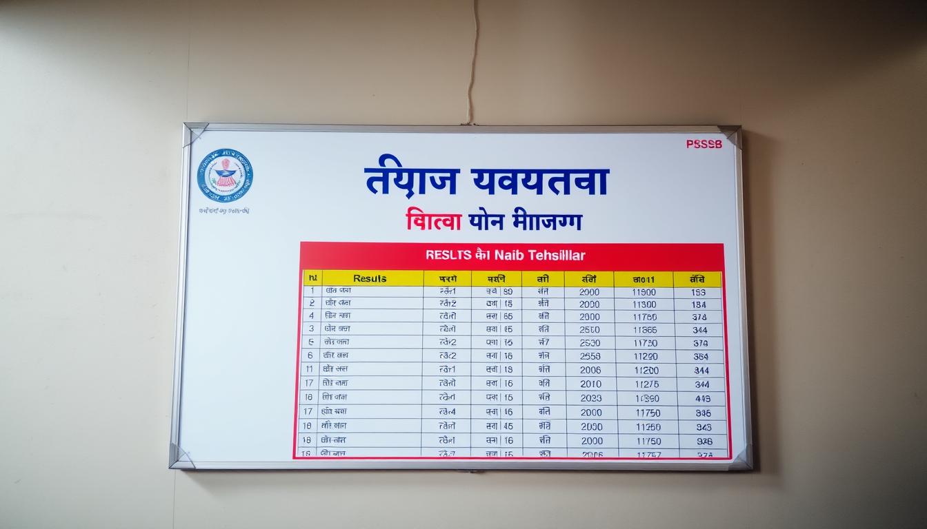 A vibrant and detailed announcement board set against a muted backdrop, showcasing the results and merit list for the PSSSB Naib Tehsildar recruitment. The board features a prominent title in Hindi script, accompanied by neatly organized columns and rows of information presented in a formal, government-issued style. The lighting is soft and even, creating a sense of professionalism and authority. The overall composition is balanced, with the board taking center stage and the background fading into a subtle, neutral tone that allows the key details to stand out. The scene conveys a sense of importance and transparency in the recruitment process.