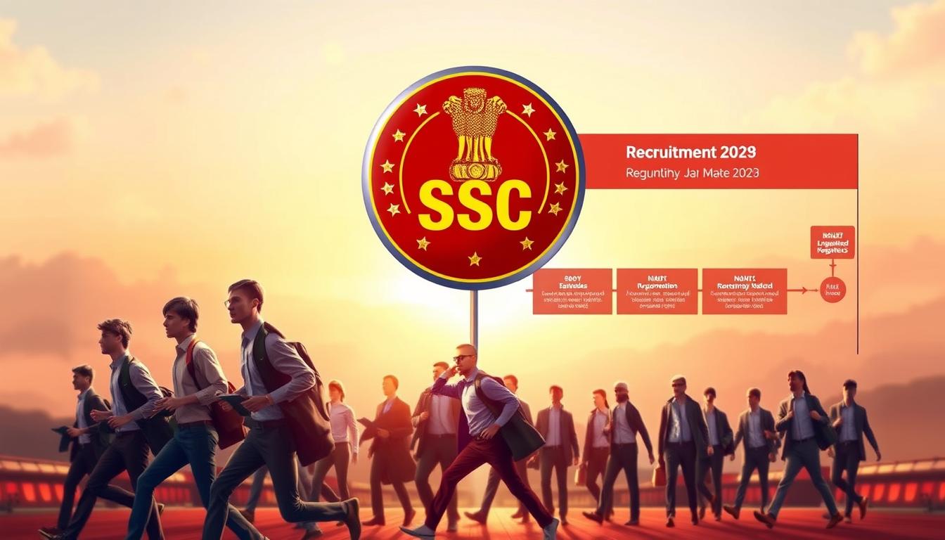 A professional, polished illustration of the SSC Junior Engineer JE recruitment process. A striking, dynamic composition with a central focal point showcasing the key elements - the SSC logo, a group of applicants, and the recruitment workflow. Detailed, realistic rendering with a slight cinematic flair, using warm, vibrant colors and dramatic lighting to convey a sense of anticipation and opportunity. The foreground features the applicants, mid-stride, conveying a sense of motion and determination. The middle ground shows the SSC logo and recruitment documentation, emphasizing the official, institutional nature of the process. The background is a subtly blurred landscape, suggesting the broader context and scope of the recruitment drive. Overall, the image should inspire confidence, professionalism, and a clear understanding of the SSC JE recruitment procedure.