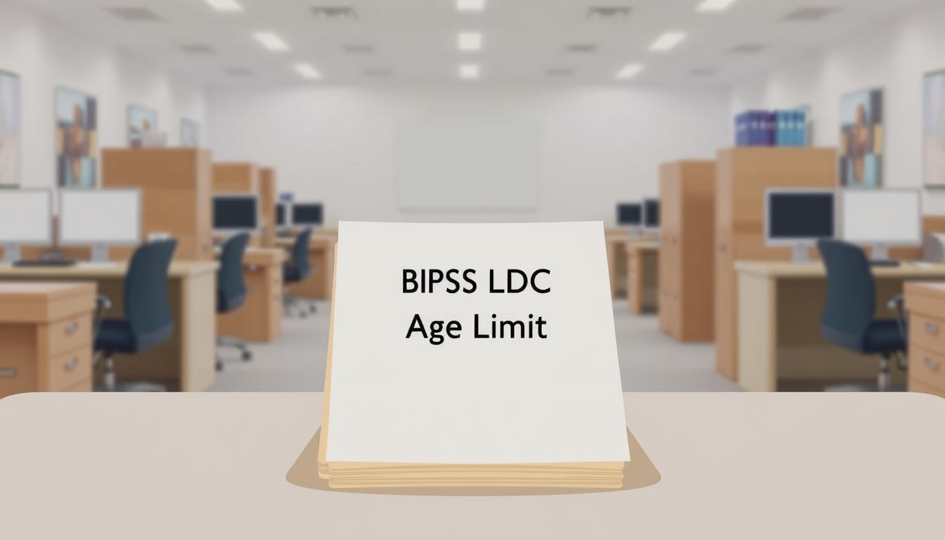 A serene and informative illustration showcasing the age limit and relaxation details for the BPSC LDC recruitment. Centered in the frame, a stack of official-looking documents with the text "BPSC LDC Age Limit" prominently displayed. In the background, a subtly blurred office setting with desks, computers, and filing cabinets, conveying a professional, administrative atmosphere. Soft, indirect lighting creates a sense of calm and clarity. The overall composition strikes a balance between formal, factual presentation and a welcoming, accessible tone suitable for an informative article section.