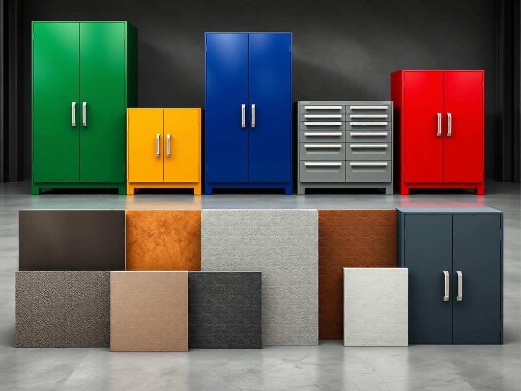 Verschiedene Pulverbeschichtungen für Werkzeugschränke aus Metall in unterschiedlichen Farben