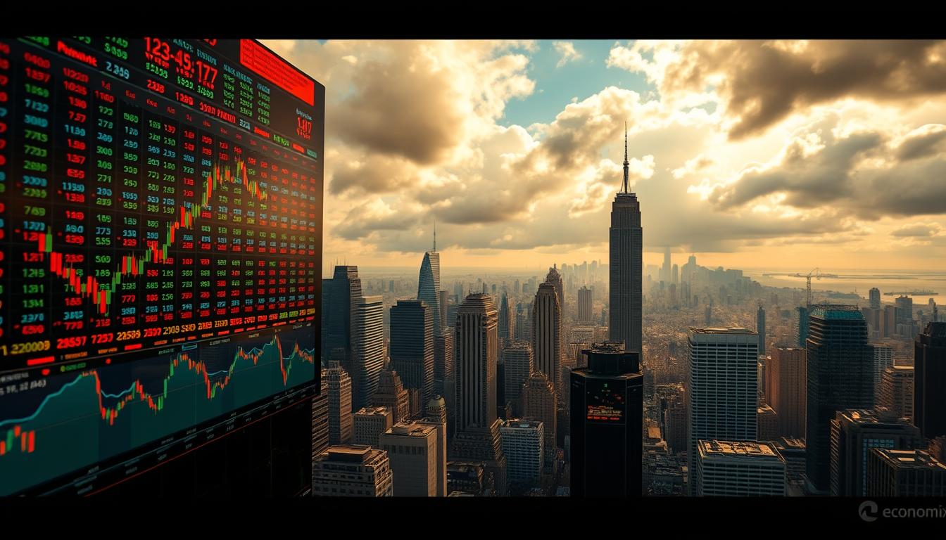 How to Balance Stock Investment with Potential Risks - EconoMix Plus A bustling stock market landscape, captured in a wide, cinematic frame. In the foreground, a dynamic mosaic of candlestick charts and stock tickers, the EconoMix Plus trading interface prominently displayed. The middle ground is a sea of towering skyscrapers, their glass facades reflecting the ebb and flow of the market. In the background, a cloudy, golden-hued sky, suggesting an atmosphere of both prosperity and potential risk. Bright, directional lighting illuminates the scene, creating a sense of urgency and energy. The composition is balanced, with the focus on the trading interface and the cityscape beyond, conveying the interconnected nature of the stock market and the broader economic landscape.