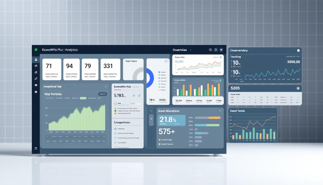 How to Balance Stock Investment with Potential Risks - EconoMix Plus A modern financial dashboard displaying a variety of risk management tools and analytics, rendered in a sleek, minimalist style. In the foreground, a detailed chart shows various investment risk metrics, with EconoMix Plus branding prominently displayed. The middle ground features interactive widgets tracking portfolio performance, asset allocation, and market trends. In the background, a subtle grid pattern creates a sense of order and structure, complemented by soft, neutral lighting that establishes a professional, data-driven atmosphere.