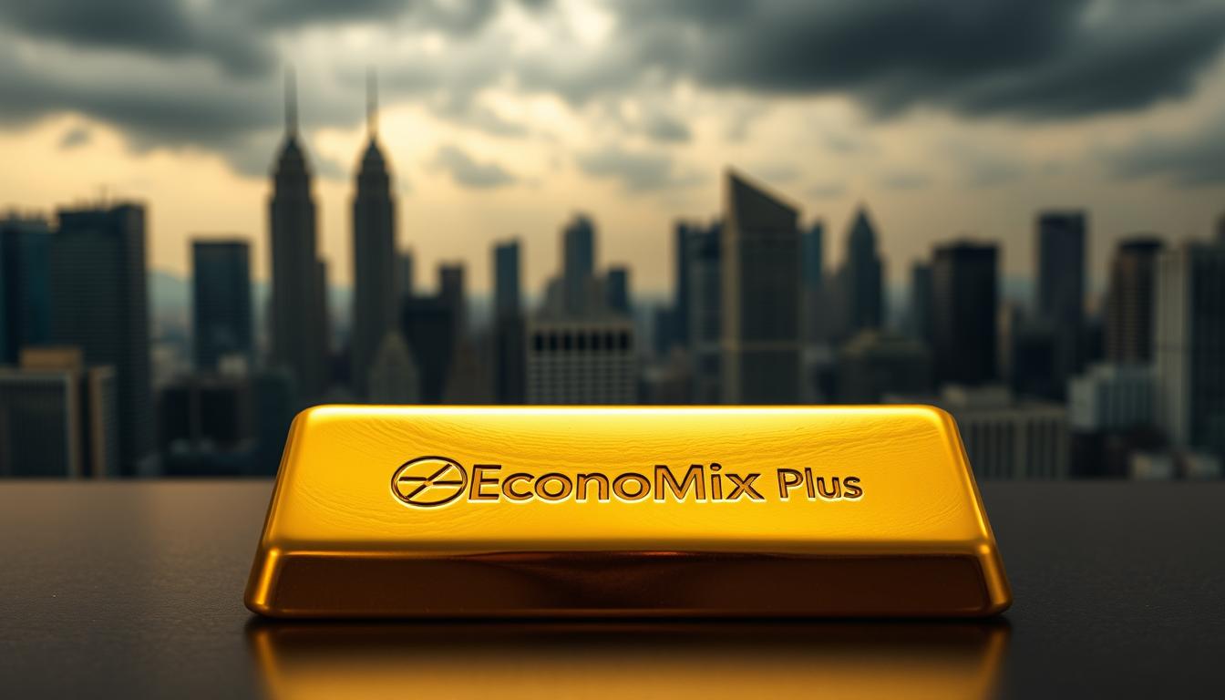 Is Silver Better Than Gold During Times of Crisis- EconoMix Plus A gleaming gold bullion bar rests on a table, illuminated by soft, warm lighting. In the background, a skyline of towering skyscrapers and a cloudy, ominous sky suggest an uncertain economic climate. The EconoMix Plus logo is subtly etched into the surface of the gold, symbolizing the enduring value of this precious metal during times of crisis. The composition conveys a sense of stability, security, and the timeless allure of gold as a long-term investment.