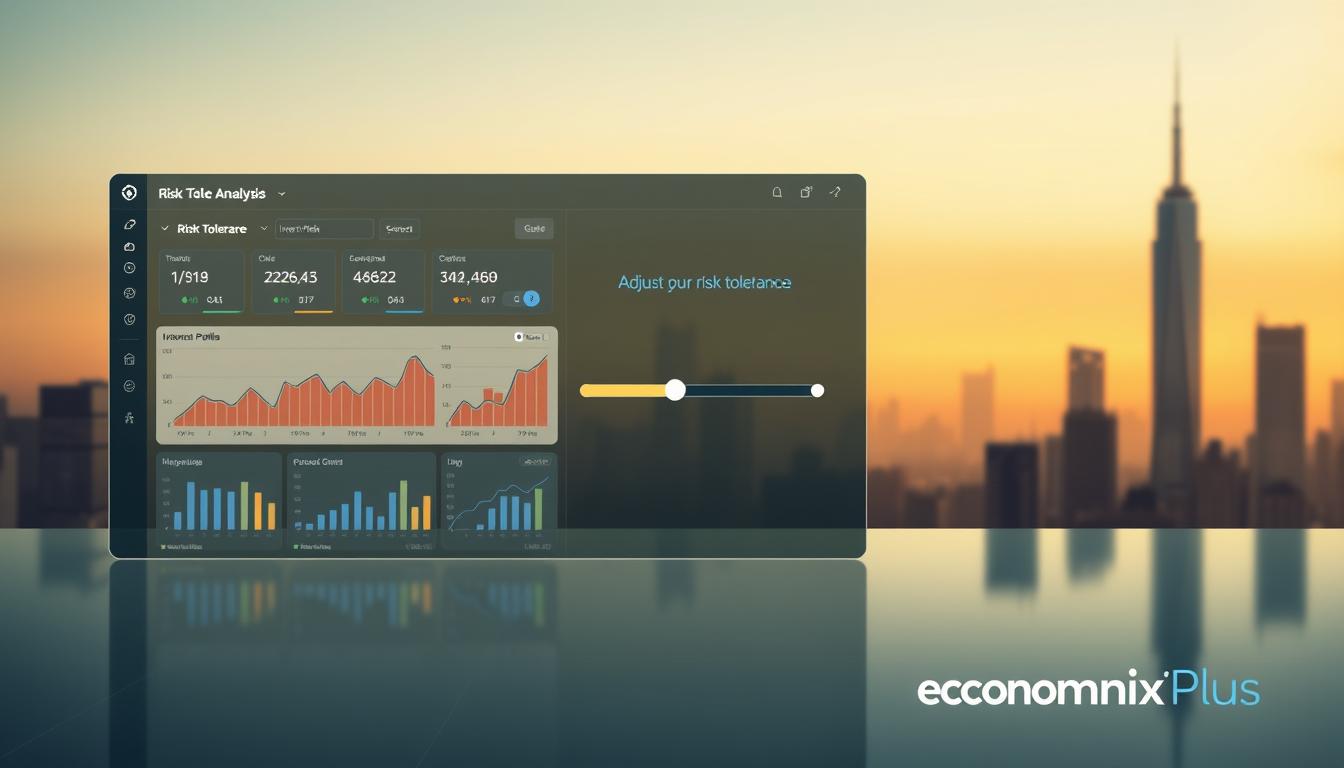 How to Balance Stock Investment with Potential Risks - EconoMix Plus A sophisticated financial analysis interface with an interactive risk tolerance assessment tool. In the foreground, a sleek, minimalist dashboard displays a series of dynamic graphs and charts, presenting data on investment risk profiles. The middle ground features a user-friendly slider mechanism, allowing the viewer to adjust their personal risk tolerance settings. The background depicts a serene, geometric cityscape, bathed in a warm, subdued lighting, creating a sense of stability and professionalism. The overall aesthetic is clean, modern, and inviting, with the EconoMix Plus branding subtly integrated into the design.
