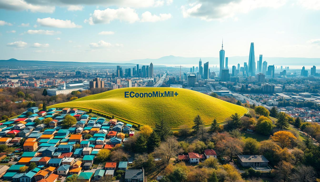 How to Balance Stock Investment with Potential Risks - EconoMix Plus An expressive landscape showcasing diversification strategies, shot with a wide-angle lens in soft, natural lighting. In the foreground, a mosaic of various financial assets such as stocks, bonds, and real estate icons, symbolizing a balanced portfolio. The middle ground features a rolling hill with the EconoMix Plus logo, representing the company's approach to risk management. In the background, a vibrant cityscape with towering skyscrapers, hinting at the dynamism of the financial markets. The overall composition conveys a sense of stability, diversity, and growth, aligned with the article's theme of balancing stock investment with potential risks.